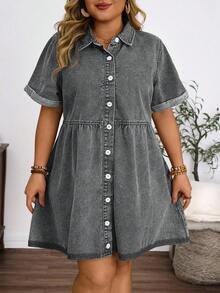 EMERY ROSE Plus Size Women Vintage Washed Denim Vacation Dress, Spring/Summer - Light Grey - View 4