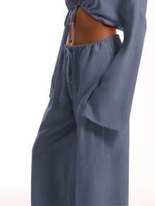 MUSERA 系带亚麻质感沙滩裤，优雅夏季度假阳光休闲波西米亚风白色机场派对装扮 - 深灰色 - 查看 5