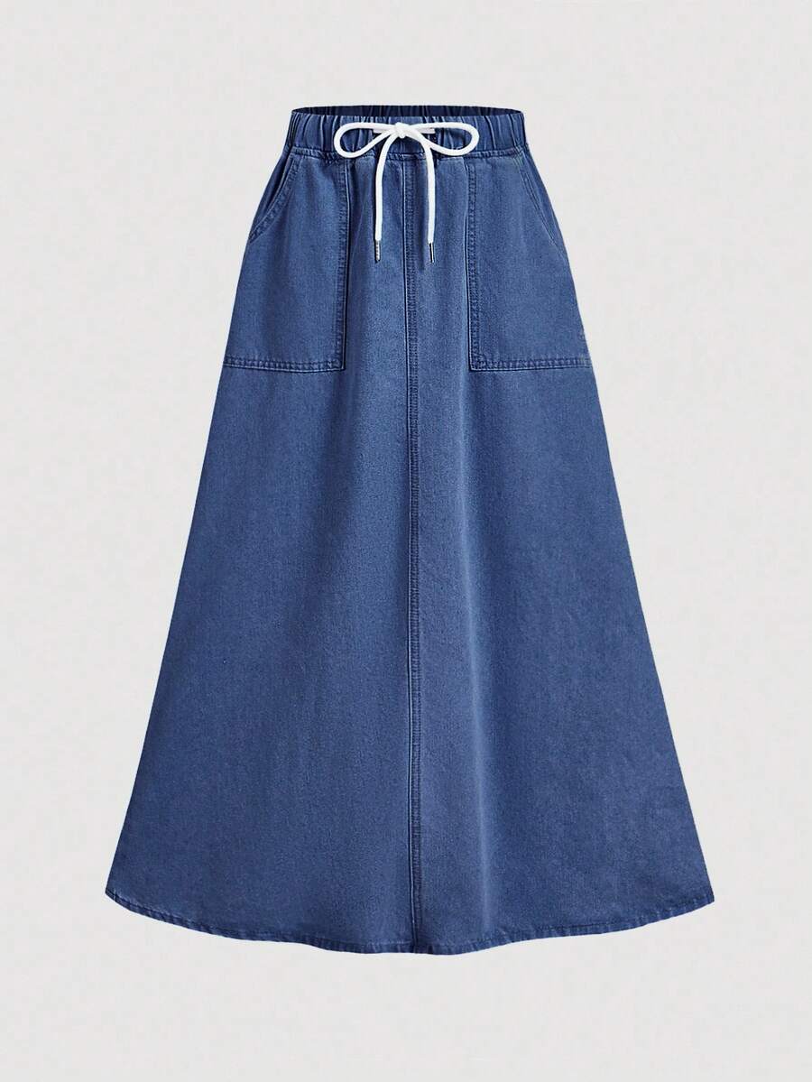 SHEIN MOD 女士抽绳腰带口袋休闲百搭度假派对牛仔迷你裙 - 深色水洗藍 - 查看 1