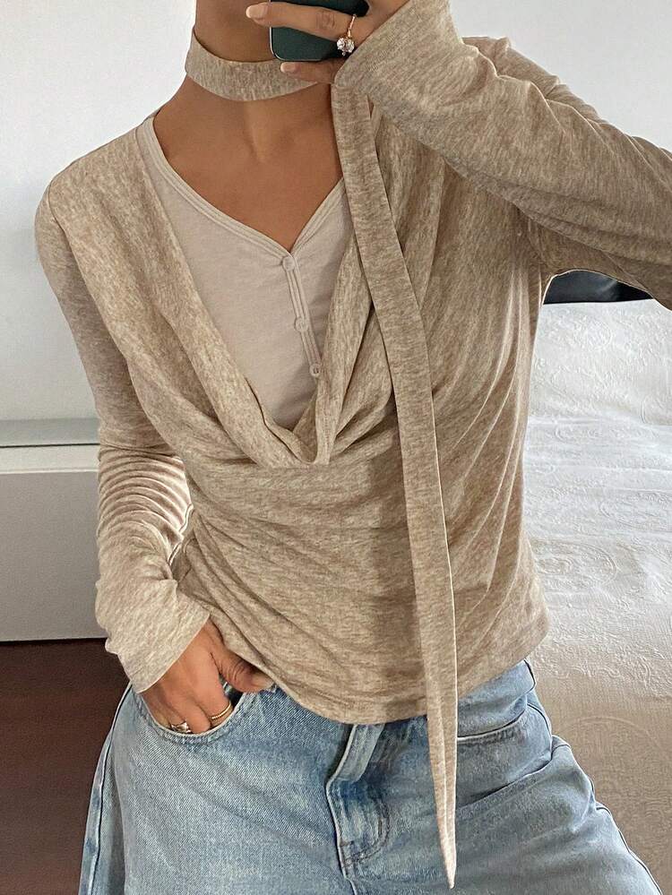 Women's Contrast Color Draped Collar Tie-Waist 2 In 1 T-Shirt, Autumn/Winter