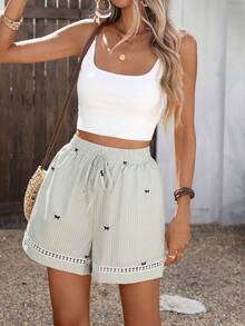 SHEIN LUNE Women's Striped Bow Print Faux Drawstring Pocket Ruffle Trim Casual Shorts, Spring/Summer - Khaki - View 5