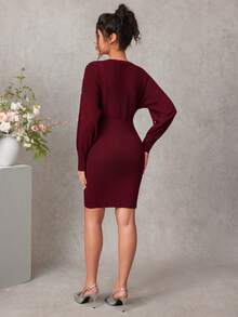 SHEIN Elegant Burgundy Autumn Maternity Sweater Dress,Fitted Solid Long Sleeve Pullover With Twisted Rope Flower For Baby Shower,Casual Wear & Dates - Burgundy - View 2