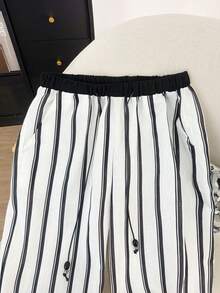 GlowEve 女士优雅直筒抽绳裤，黑白条纹 - 黑與白 - 查看 3