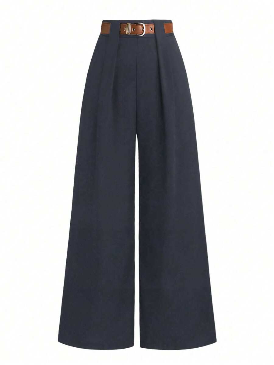 SHEIN PETITE 娇小女性通勤简约百搭可折叠裤 - 深灰色 - 查看 1