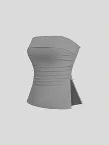 Sweetra 3件套女士纯色褶皱开衩设计休闲百搭抹胸上衣 - 彩色 - 查看 4