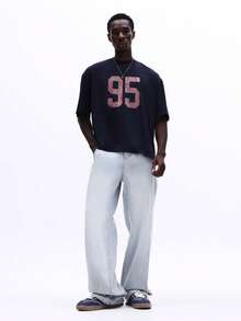 SUMWON Boxy Fit Crew Neck Short Sleeve T-Shirt With Number 95 Graphic Print Casual Streetwear Style Cotton Tee