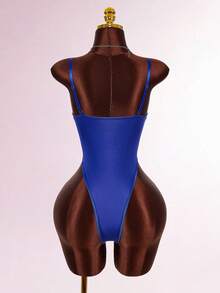 Amplova Bộ đồ liền thân gợi cảm thời trang cắt cao màu trơn dành cho nữ - Xanh đậm - Xem 5