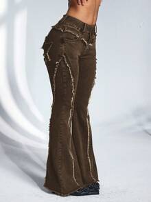 Jeanoix Jeans de campana de tiro bajo lavados con dobladillo deshilachado para mujer - Albaricoque - Ver 5