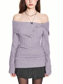 ROMWE Y2K风格露肩罗纹针织毛衣，腰部收紧 - 淡紫色 - 查看 3