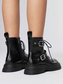 ROMWE 女士时尚百搭通勤厚底搭扣踝靴 - 黑色 - 查看 5
