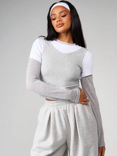 MISSGUIDED Layered Scoop Neck Tank Top With Long Sleeve Ribbed Knit Pullover Combo Casual Lounge Top