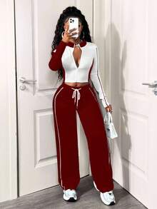 SHEIN BamGlam Bộ đồ thường ngày 2 món cho nữ, thiết kế khối màu, áo khoác dài tay có khóa kéo và quần dây rút, mùa thu - Màu Đỏ Sâu - Xem 4