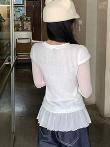 DAZY 女士圆领长袖荷叶边下摆二合一T恤 - 灰色 - 查看 6