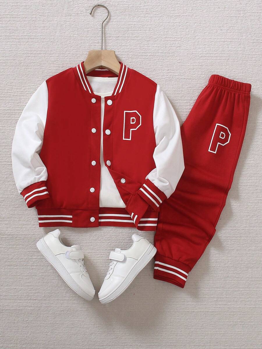 SHEIN Genkimix Kids 4-7 Years Old Boys' Collegiate Baseball Jacket 2-Piece Set - Black Knit Cardigan Baseball Jacket With White Sleeves, Letter "P" Print, Matching Printed Sweatpants With Ribbed Collar, Cuffs And Hem, Comfortable And Casual, Suitable For Spring/Autumn, Daily Wear, Sports, School, Travel - Burgundy - View 1