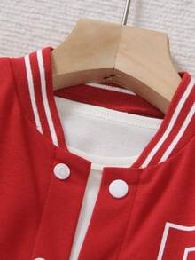 SHEIN Genkimix Kids 4-7 Years Old Boys' Collegiate Baseball Jacket 2-Piece Set - Black Knit Cardigan Baseball Jacket With White Sleeves, Letter "P" Print, Matching Printed Sweatpants With Ribbed Collar, Cuffs And Hem, Comfortable And Casual, Suitable For Spring/Autumn, Daily Wear, Sports, School, Travel - Burgundy - View 6