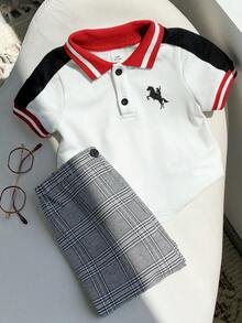 Set de 2 piezas de camisa polo de manga corta casual y pantalones a cuadros de cintura elástica para niño pequeño, adecuado para fiesta de cumpleaños, fiesta de noche, actuación, boda, baby shower, celebración del 1er cumpleaños - Multicolor - Ver 3