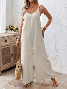 EMERY ROSE Women's Vacation Solid Color Pocketed Wide Leg Loose Casual Jumpsuit Summer Outfits Vacation Outfits Women Jumpsuits For Women - Apricot - View 6