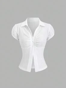 Sweetra Y2K 性感休闲通勤罗纹面料百搭度假上衣 - 白色 - 查看 1