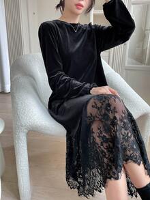 Dazy Tall Tall Women's Elegant Velvet & Mesh Patchwork Dress Maxi Dress - Black - View 2