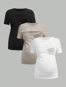 SHEIN Áo cho bà bầu tay ngắn cổ tròn màu trơn, kiểu dáng thường ngày, áo cho con bú 3 mảnh, áo cho con bú. - Nhiều màu - Xem 1