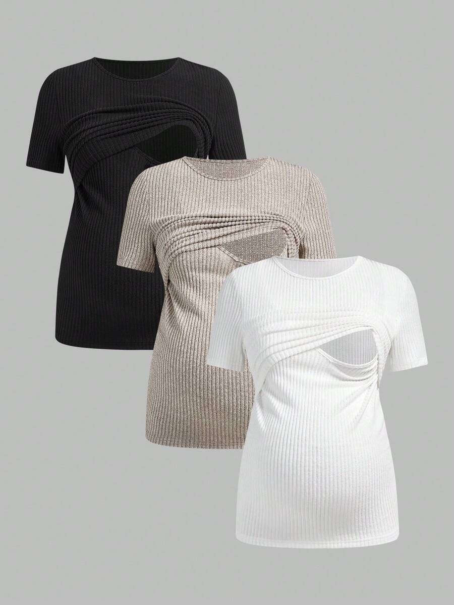 SHEIN Áo cho bà bầu tay ngắn cổ tròn màu trơn, kiểu dáng thường ngày, áo cho con bú 3 mảnh, áo cho con bú. - Nhiều màu - Xem 1