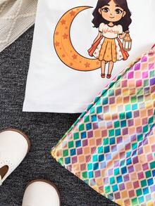 Sparklyn 2pcs/Set Toddler Girls' Cute Printed Short Sleeve Round Neck T-Shirt + Printed Skirt Casual Versatile Spring/Summer Outfit Skirt Summer Sets For Girls Kid Set Skirt And T Shirt Birthday Outfits For Girls Skirt Girl Shirt And Skirt Set Rainbow Skirt Kids - Multicolor - View 11