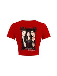 The Vampire Diaries X SHEIN Women's Casual Letter Print Cropped Fitted Short Sleeve T-Shirt, Summer - White - View 2