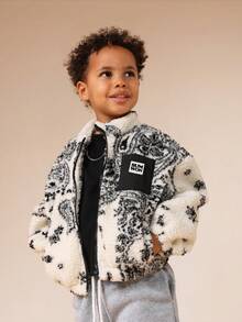 SUMWON Boys Paisley Print Fuzzy Fleece Zip Through Jacket Winter Warm Outerwear Borg Lined Coat - Black and White - View 5