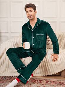 CoupledUp 男士纯色丝绒纽扣长袖睡衣套装 - 墨綠色 - 查看 5