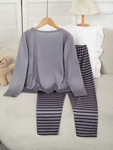 2pcs/Set Tween GirlsPlaid Pants & English Letter Print Long Sleeve Casual Homewear Set Grey Pajama Set Tween Girls Pajamas-Pajama Set Gray Striped Puppy Print Round Neck Long Sleeve Top With Pants Stylish Playful Design Comfortable Loungewear Four Season Sleepwear 2026 New Year Essential - Grey - View 2