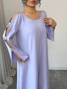 Yasmyna Women's Solid Color Round Neck Hollow Out Long Sleeve Loose Arabic Style Dress Kaftan Jalabiya Dress - Mauve Purple - View 7