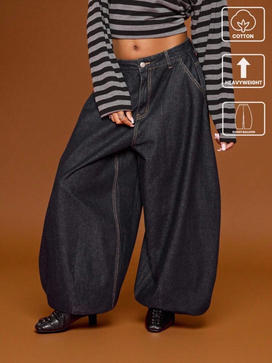 COUREZ 低腰宽松灯笼裤，靛蓝水洗/Y2K秋冬街头风可爱宽松超大牛仔裤，秋冬假日新年低腰牛仔裤，女士冬季服装，筒状牛仔裤 - 寶藍色 - 查看 1