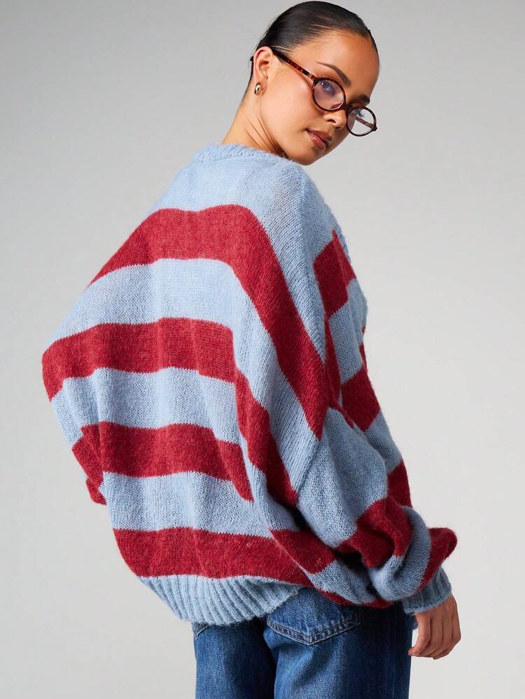 MISSGUIDED Cardigan oversize a righe con bottoni davanti, bordi a costine e scollo a V, manica lunga, maglia calda e comoda, abbigliamento casual autunno/inverno per donna