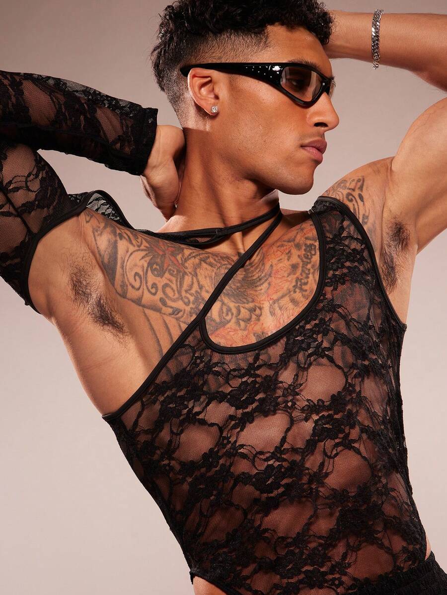 FeverCity Men's Sleeveless Two Pieces Hollow Out Jumpsuit - Black - View 1