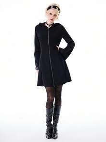 Bloopia Women's Woven Long Sleeve Black Hoodie Dress, Waist Cinched Slimming Design, Hooded With Devil Horn, Dark Ghost Girl Dress - Black - View 5