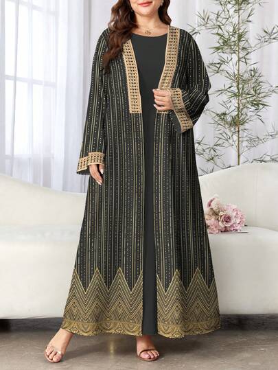 SHEIN Najma 大码女式波浪条纹图案数码印花时尚开衫长袖休闲阿拉伯长袍，春秋季