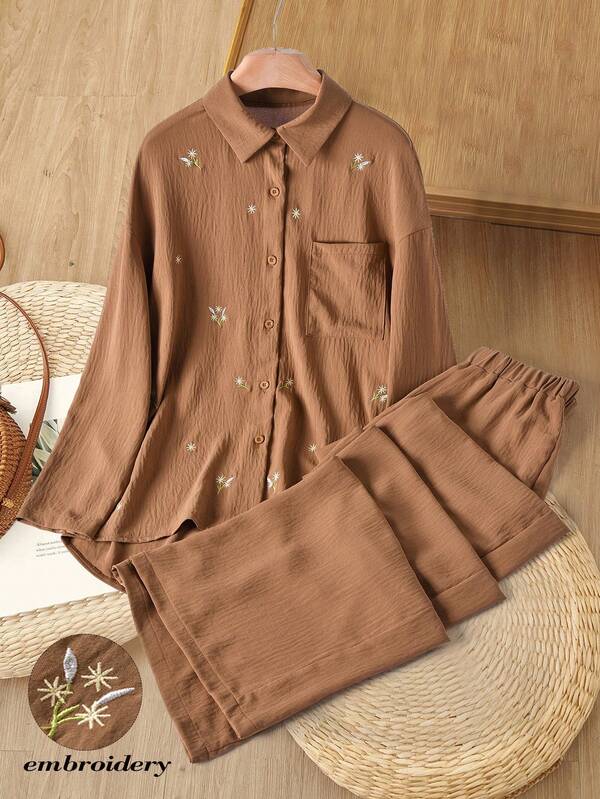 Rusticease Casual Floral Embroidery Shirt & Pants Set Blouse And Suit Sets Work Clothes Skirt For Elegant Women's