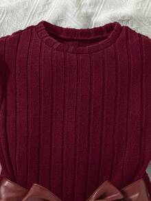SHEIN 1pc Girls Crew Neck Long Sleeve Ribbed Knit Patchwork Floral Hem Dress, Sweet & Ladylike, Autumn - Burgundy - View 3