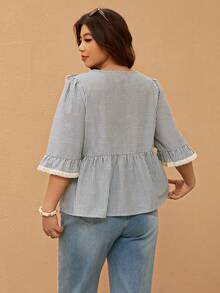 Elaquor Plus Size Women Casual Striped Patchwork Ruffle Trim Loose Blouse, Versatile For Spring/Summer Ruffle Blouse Ruffled Top Casual Blouses For Women Western Tops For Women Spring Outfit Women Spring Set For Women - Multicolor - View 2