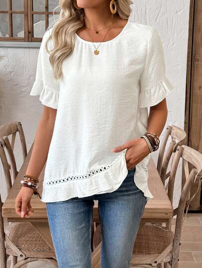 EMERY ROSE 女士休闲荷叶边下摆圆领短袖衬衫，适合度假穿着