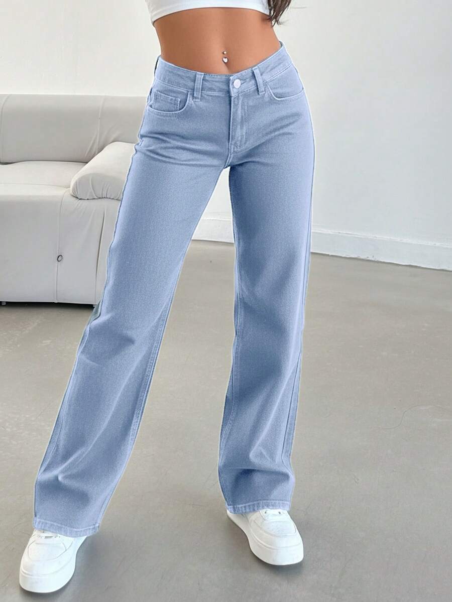 100% Baumwolle einfarbige Jeans mit schräger Tasche und geradem Bein - Mittele Waschung - Übersicht 1