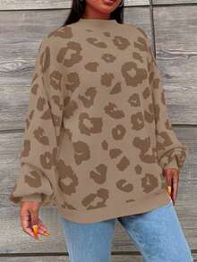 SHEIN Cottnline Plus Size Women's Leopard Print Stand Collar Sweater Pullover - Brown - View 5