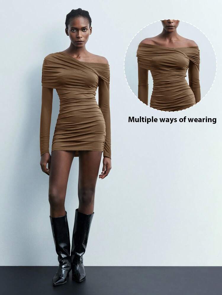 SHEIN Maija 2026 Women's Solid Color Asymmetric Neck Long Sleeve Pleated Mesh Dress, Spring Break Brown Ruched Bodycon Dress One Shoulder Dress Long Sleeve Off Shoulder Dress Coffee Brown Dress Sexy Bodycon Dress  St Patrick's Day Women Easter Summer Outfits Easter Dress Women Party Top Beach Dress Summer Holiday Outfits Each Vacation Outfits For Women  Summer Outfit For Women Going Out Outfits Graduation Graduation Outfit  Casual Dresses  Casual Blouses For Women