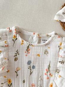 SHEIN 1pc Newborn Baby Girls' Round Neck Ruffle Trim Long Sleeve Soft Fabric Printed Cute Casual Dress/Skirt, Suitable For Spring/Summer Outings, Travel And Vacation - Apricot - View 7