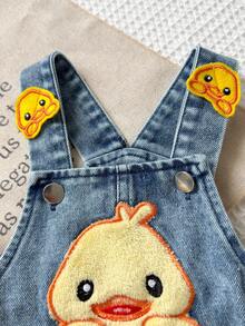 Playful Pals 1pc Baby Boys Vintage Casual Denim Overalls With Cute Duck Print, Loose Fit Bib Pants, Suitable For Spring And Autumn Seasons - Medium Wash - View 7