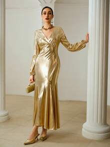 ZEYLAH Women's Elegant Long Sleeve Dress, Simple & Chic, Gold Color - Champagne - View 5