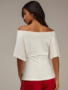 Athîral Women's Elegant White Off-Shoulder Fitted Top,Summer Short-Sleeved Knit Fabric,Button-Down Waist Design,Plus Size Curve Tops For Brunch & New Year's - Beige - View 2