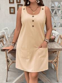 EMERY ROSE 纯色口袋纽扣装饰圆领休闲无袖连衣裙 - 杏色 - 查看 1
