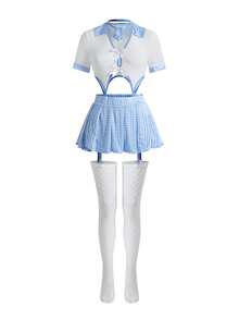 Fantasy Costume 6件套女士性感服装：深V镂空蝴蝶结上衣，牛奶丝印花格子百褶裙 - 藍白色 - 查看 3