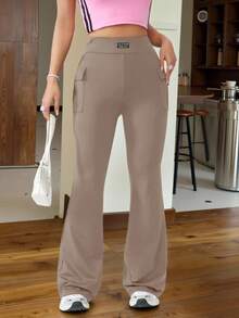 SHEIN EZwear 女式针织口袋设计纯色喇叭裤 - 卡其色 - 查看 2